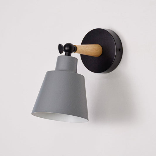Wall mounted grey metal light switched off with wooden arm and black base displayed on white background showing clean modern design.