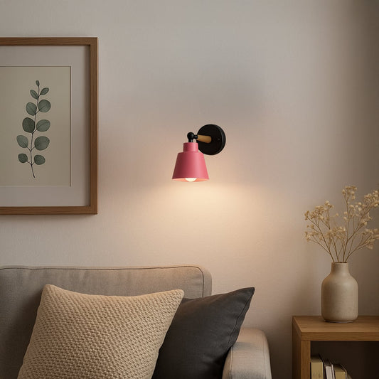 Modern wooden wall sconce with pink conical lampshade stylish wall light setup for bedroom hallway and living room decorative lighting decor.