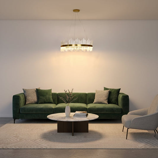 Luxury gold metal chandelier with clear glass rods suspended over dining area creating elegant ambient lighting for modern interiors.