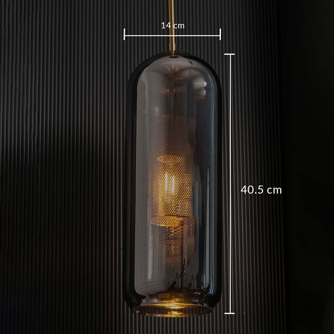 Smoked grey glass pendant light shown with 14 cm width and 40 cm height against a textured background for accurate product size reference.