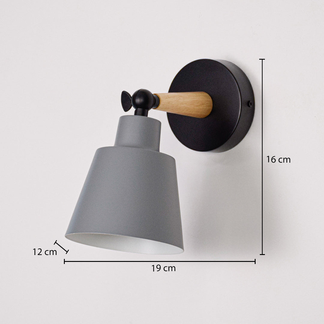 Grey metal wall light with black and gold mount on neutral background with dimensions modern minimal lighting ideal for bedroom decor.
