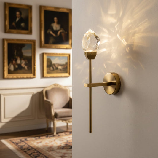Luxury gold metal wall light with crystal shade for elegant living room and premium home decor spaces.