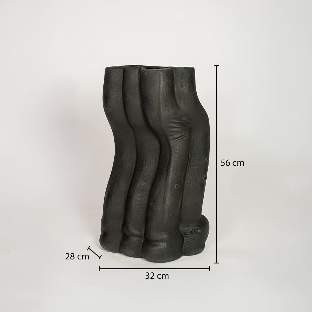 Black ceramic decorative floor vase showing 32 cm width 28 cm depth and 56 cm height ideal for living room floor decor display.