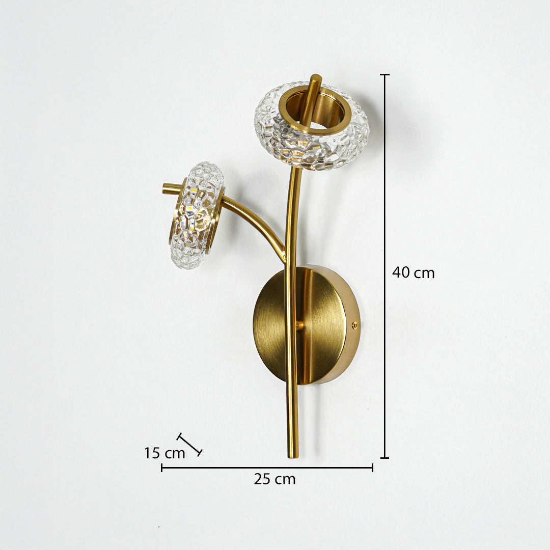 Gold metal wall light with crystal glass shades sized 40 cm height 23 cm width and 15 cm depth ideal for modern wall decor placement.
