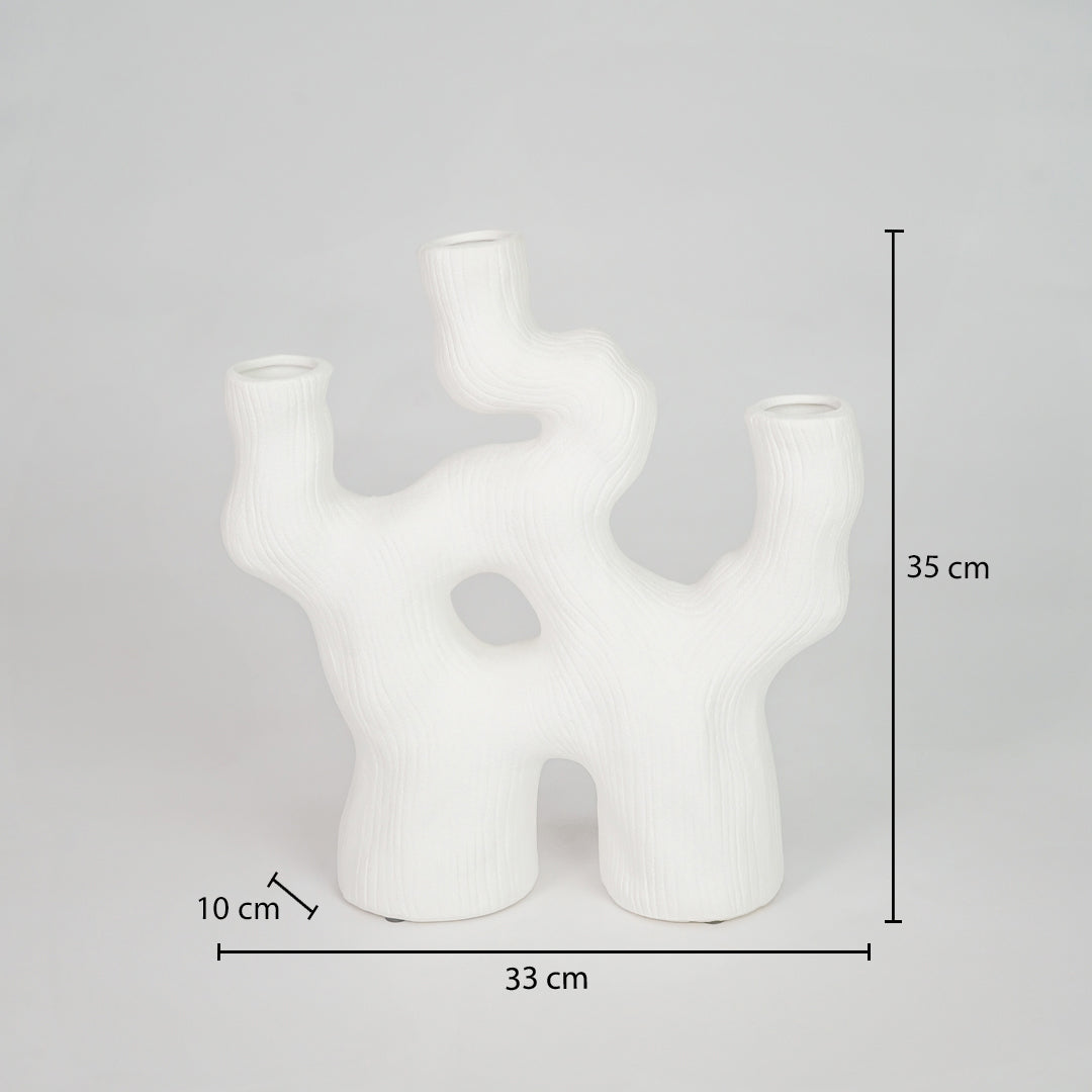 Dimension image of white ceramic abstract vase measuring 33 cm for modern tabletop decor with matte finish styling.