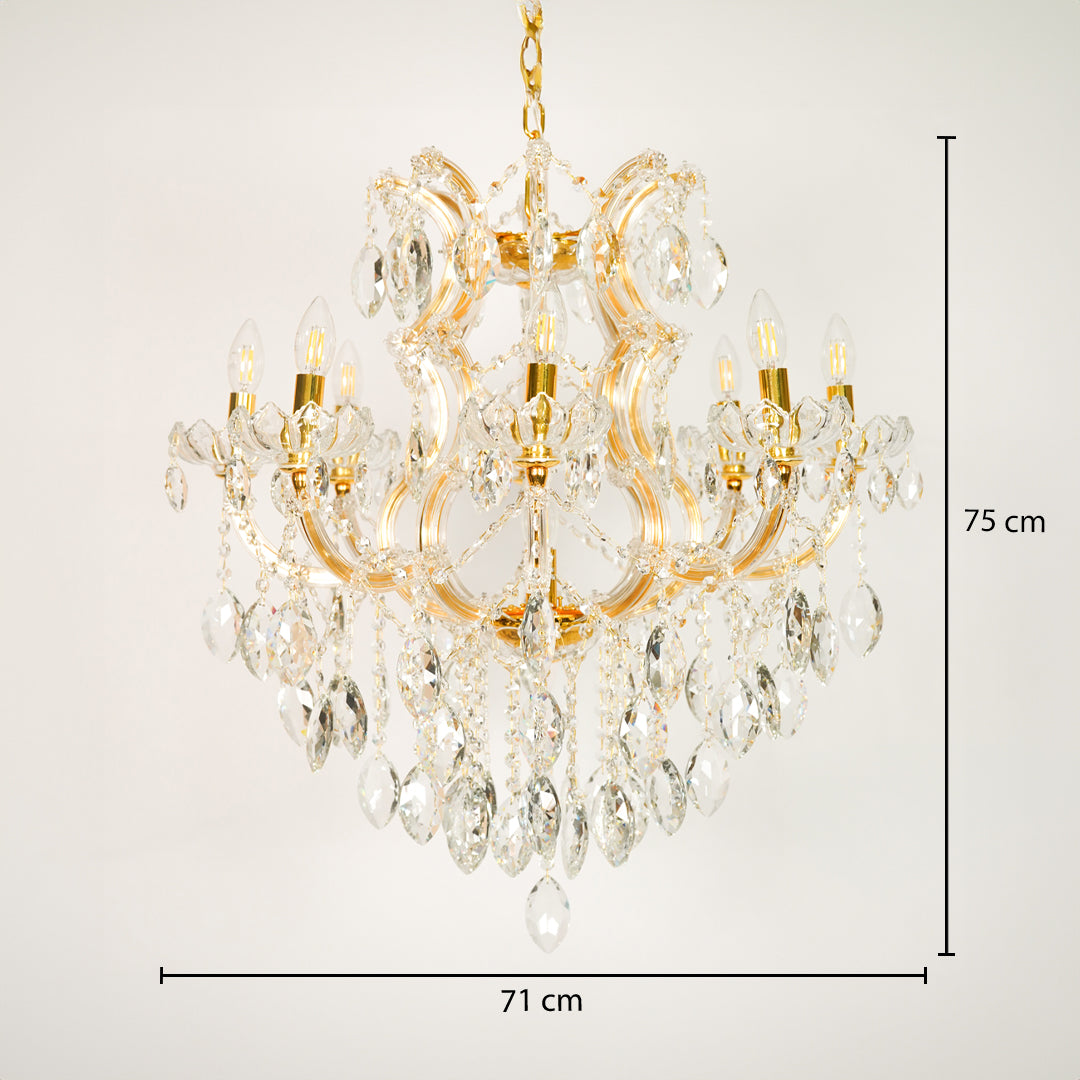Dimension image of large clear crystal chandelier for modern dining room decor styling with precise size measurement details.