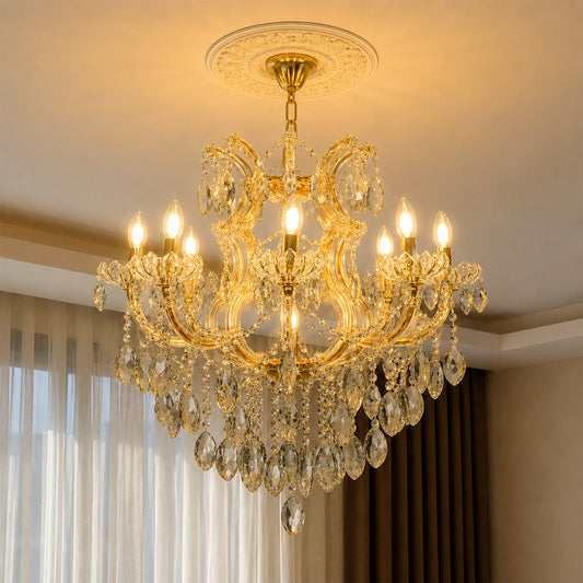 Lifestyle image of large clear crystal chandelier for luxury living room decor styling with beautiful crystal detailings.