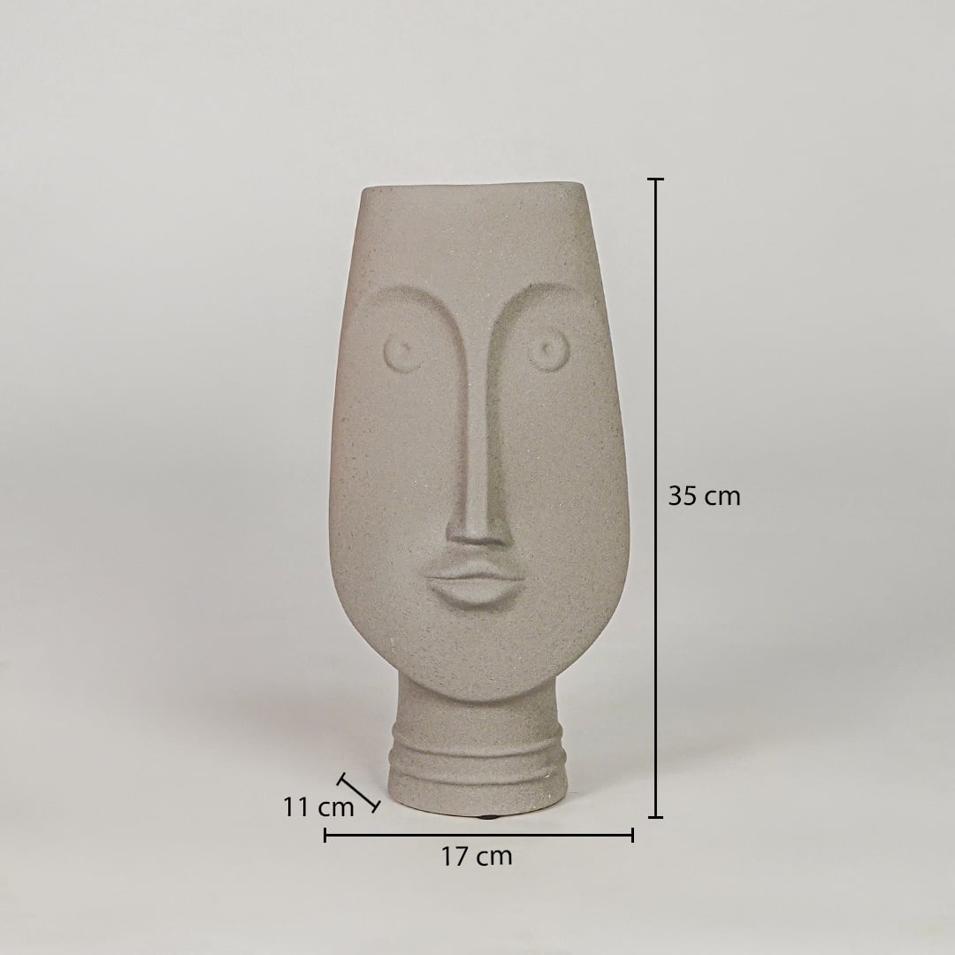 Beige ceramic face vase dimension image with 35 cm height and 17 cm width for elegant table decor.