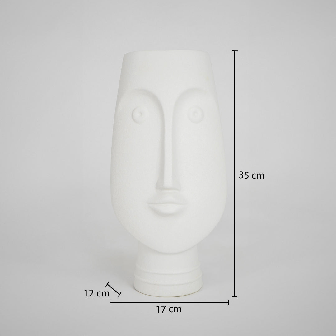 White ceramic face vase dimension image with 35 cm height and 17 cm width for modern table decor.