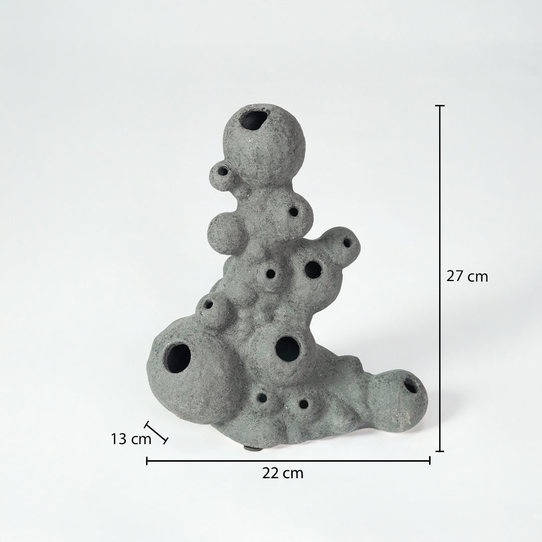 Grey textured ceramic abstract sculpture dimension image with 27 cm height and 22 cm width for table decor.