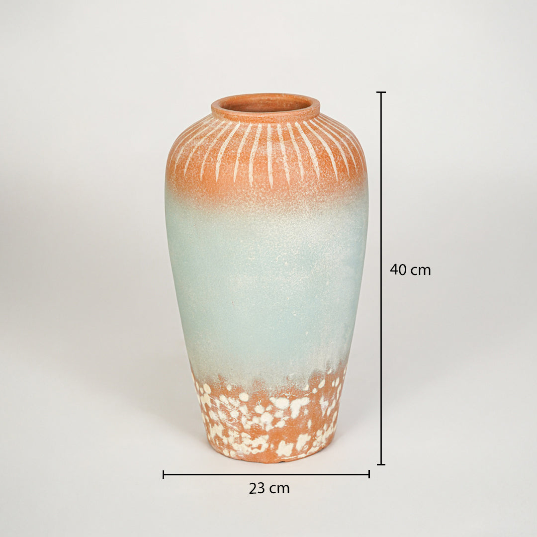 Dimension image of blue terracotta ceramic floor vase measuring 40 cm for elegant home decor styling.