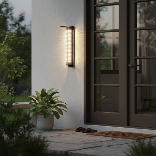 Tall ribbed wall light with black metal frame adding soft ambient glow to exterior wall for modern outdoor decor.