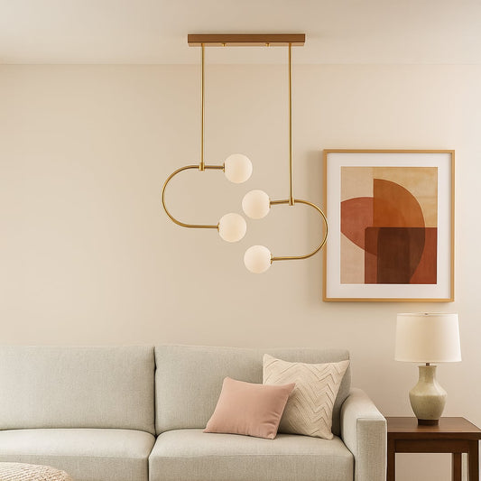 Modern chandelier with curved metal frame and white globe lights creating soft ambient illumination that enhances stylish contemporary interior home decor settings.