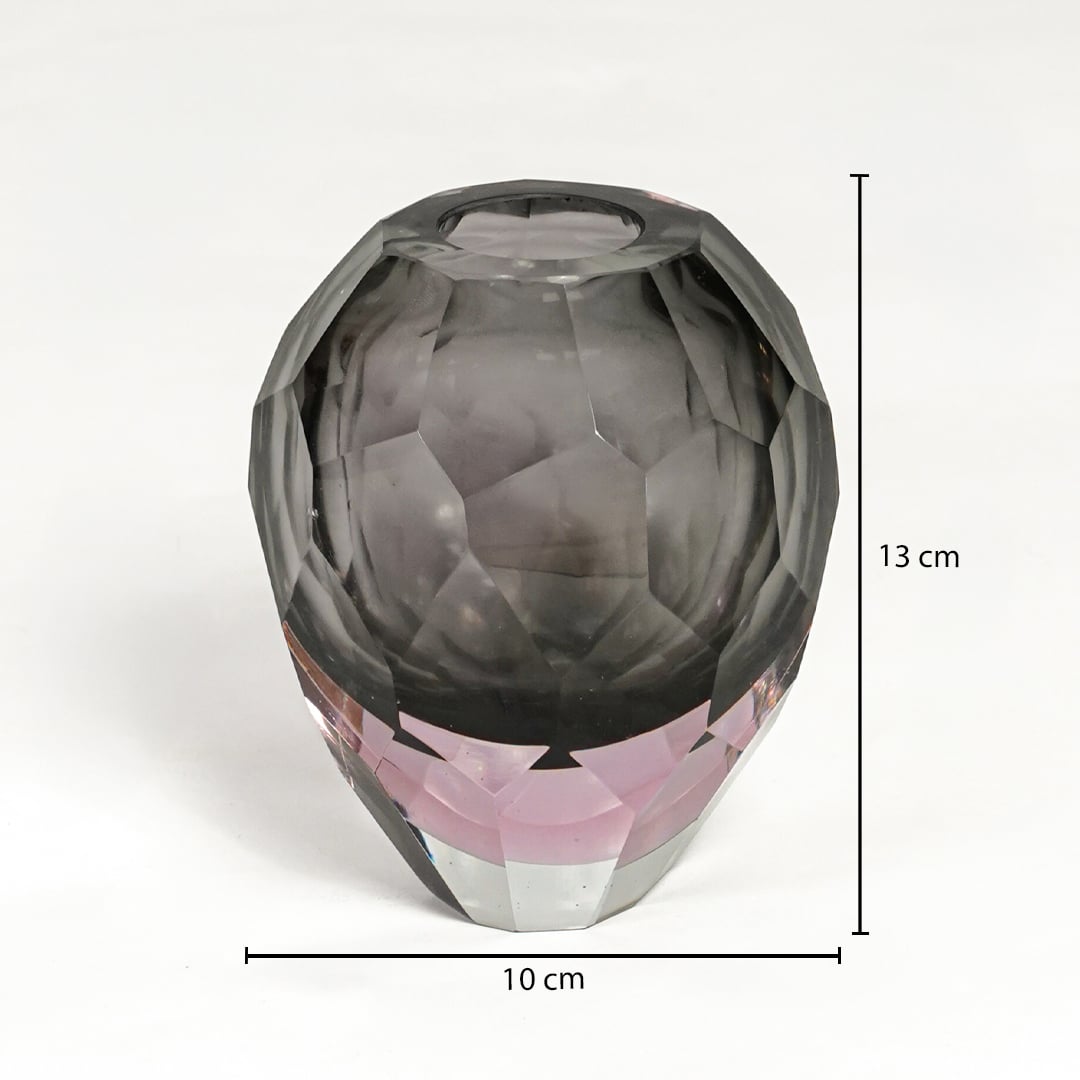 Grey and pink glass decorative bowl measuring 13 cm height and 10 cm width perfect for elegant home decor placement.