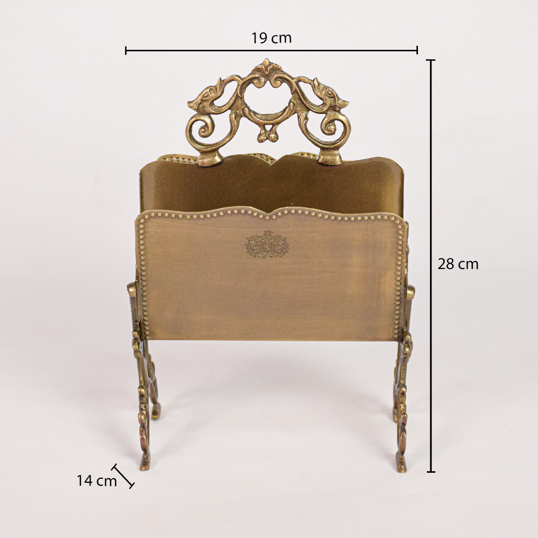Antique metal napkin holder dimensions image showing 28 cm height 19 cm width and 14 cm depth helping visualize size for desks dining tables or shelves.