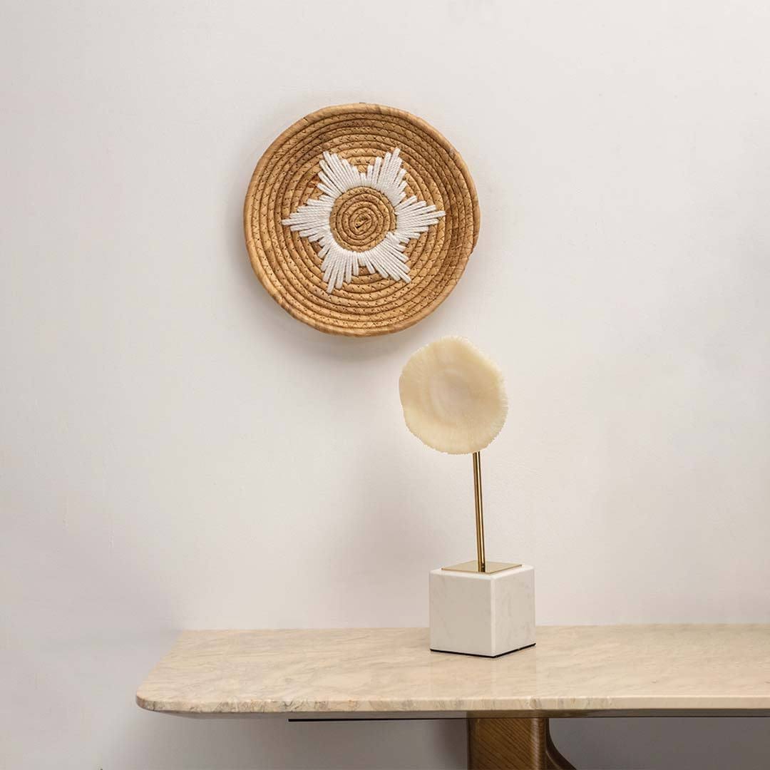 Handcrafted natural seagrass sunburst wall basket for living room bedroom and modern boho home décor styling.