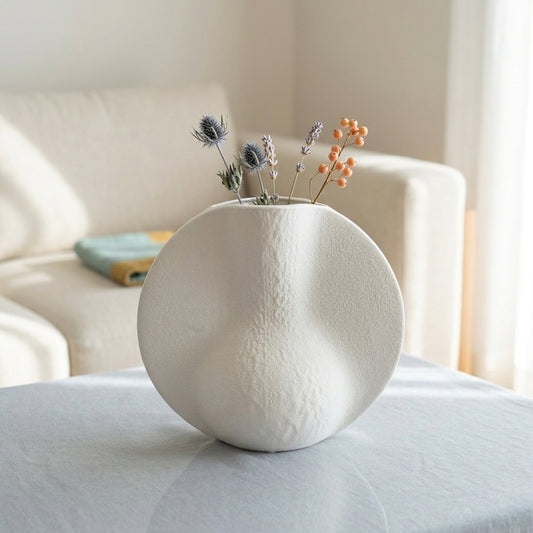 White textured ceramic flower vase with dried blooms placed on table for stylish home decor styling.