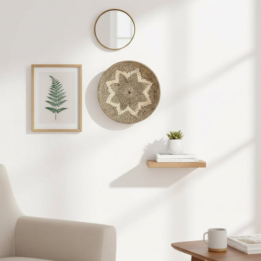 A woven basket with a star pattern hangs on a white wall near a framed fern print and round mirror above a small shelf holding a plant.