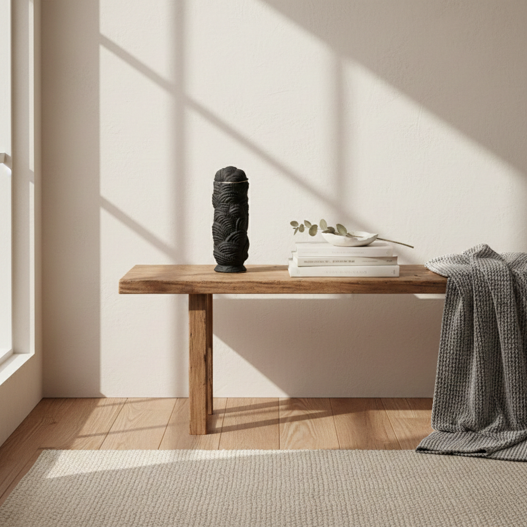 Black ceramic decorative sculpture styled on a wooden bench creating an elegant focal point in modern interiors.