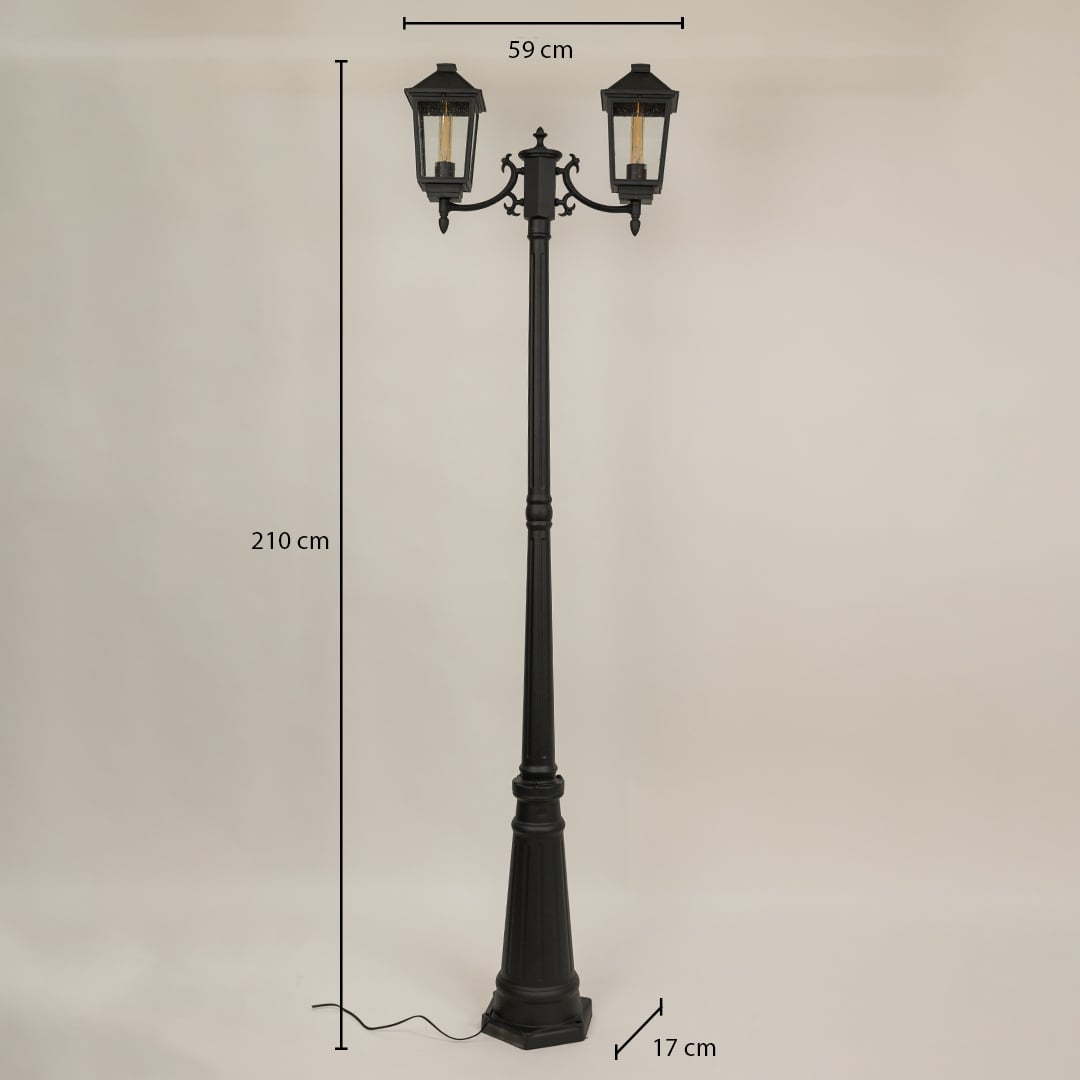 Black metal outdoor lamp post with dual lantern heads showing size clearly with height 210 cm width 59 cm and base width 17 cm ideal for driveway garden and patio lighting.