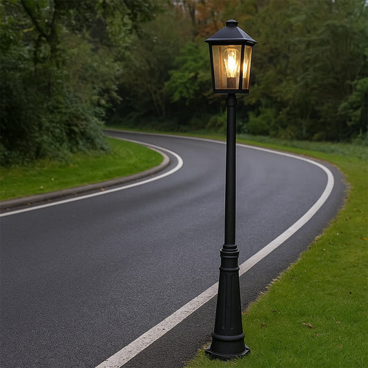 Black outdoor lamppost light with clear glass lantern styled in a garden walkway setting creating warm classic outdoor lighting decor.