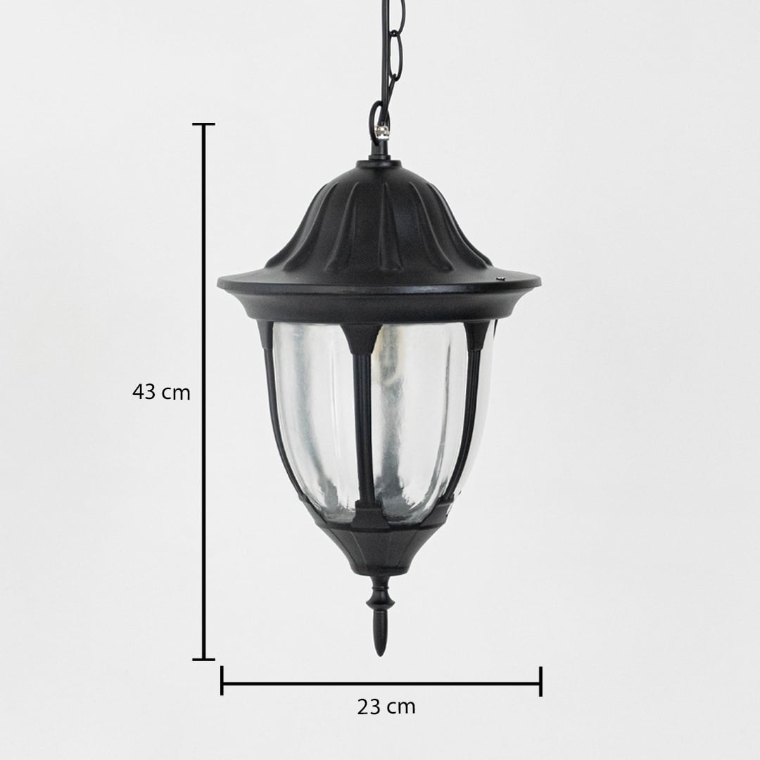 Modern black metal hanging lantern light measuring 43 cm height and 23 cm width for outdoor decor.