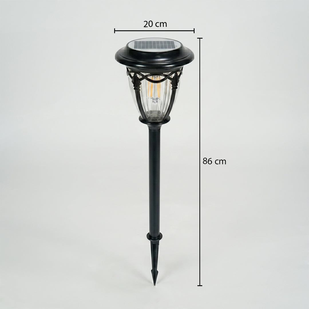 Dimension image of black metal solar garden pathway light for lawn walkway and outdoor landscape lighting.