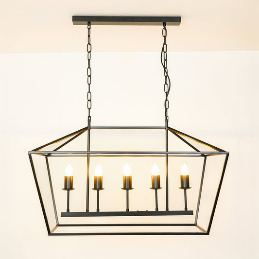 Contemporary black metal linear pendant light with exposed bulbs in geometric cage design hanging against neutral wall background for modern decor.