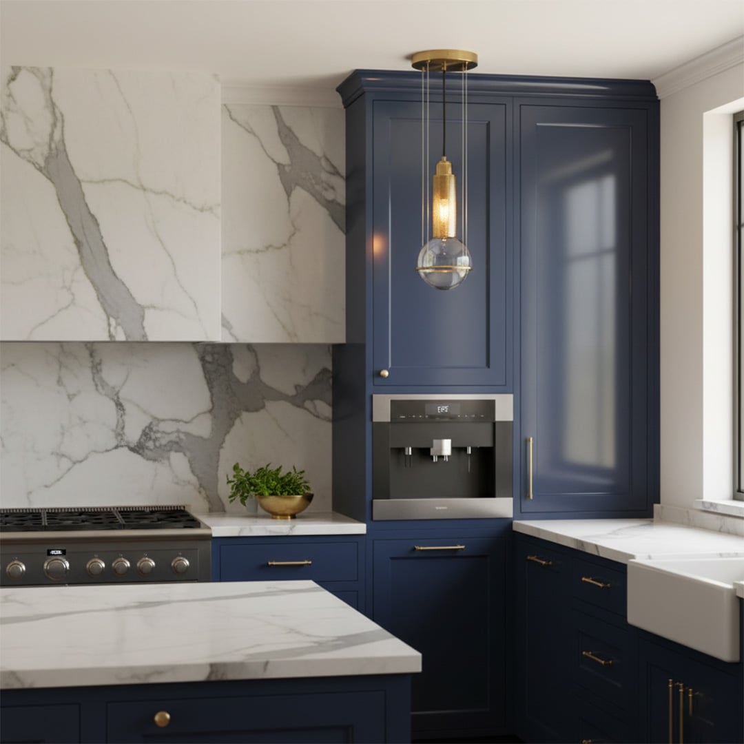 Amber glass pendant lights illuminating modern kitchen island with elegant ambient lighting and luxury decorative appeal.