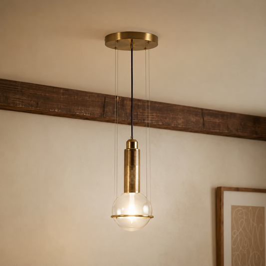 A modern pendant light fixture with a brushed brass circular ceiling canopy, a black suspension cord, a cylindrical brass shade, and a clear glass globe bulb, shown hanging in a room with a beige wall and a dark wood beam.
