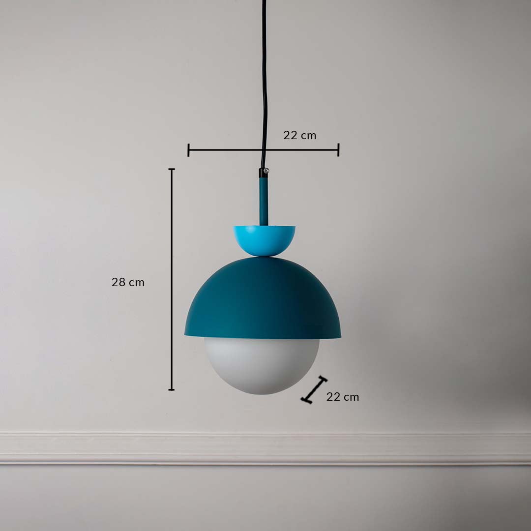 Contemporary teal metal hanging pendant light with glass globe shade shown with dimension layout on clean white background for product display.