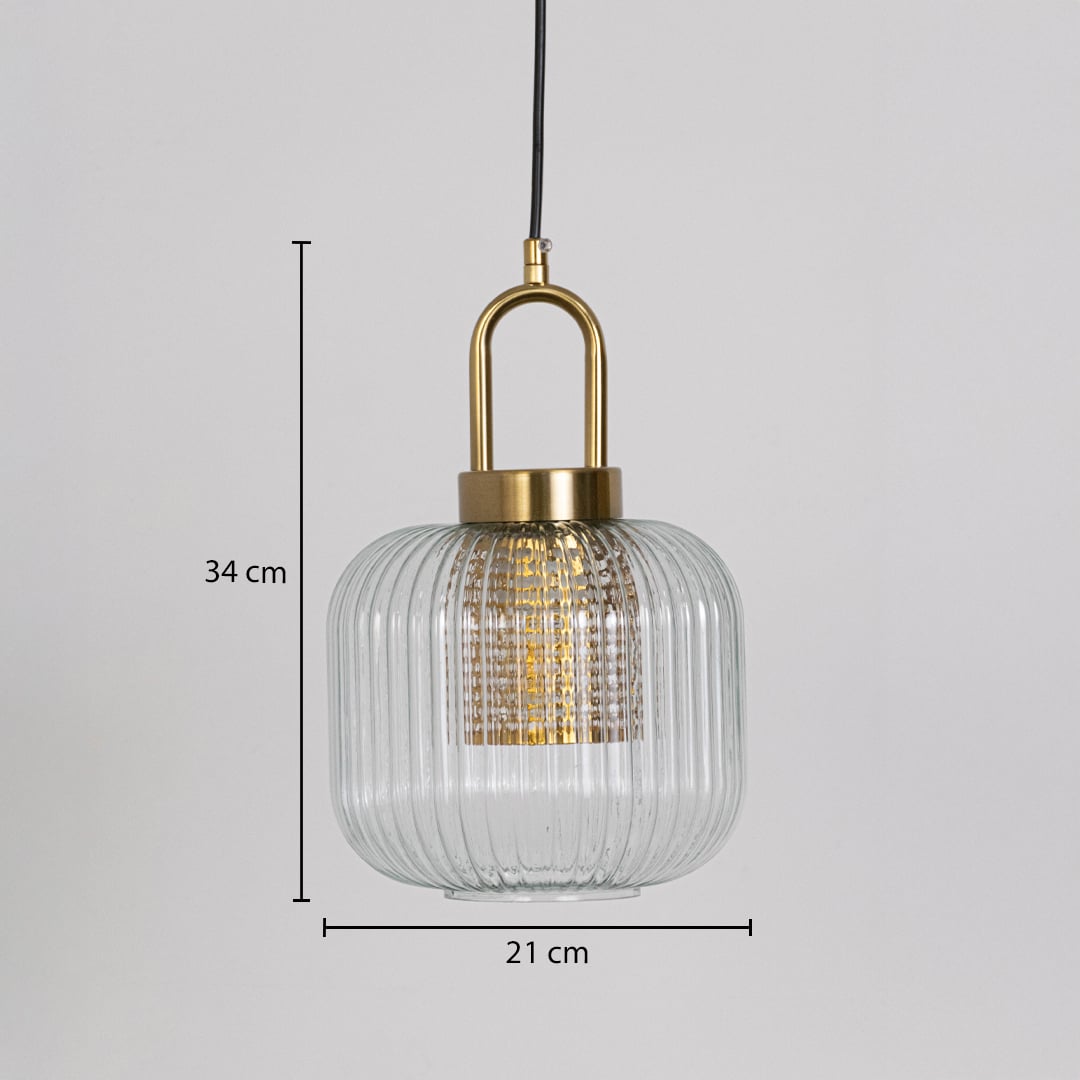 Clear ribbed glass and gold metal pendant light dimension image with 21 cm width and 34 cm height for luxury dining placement.