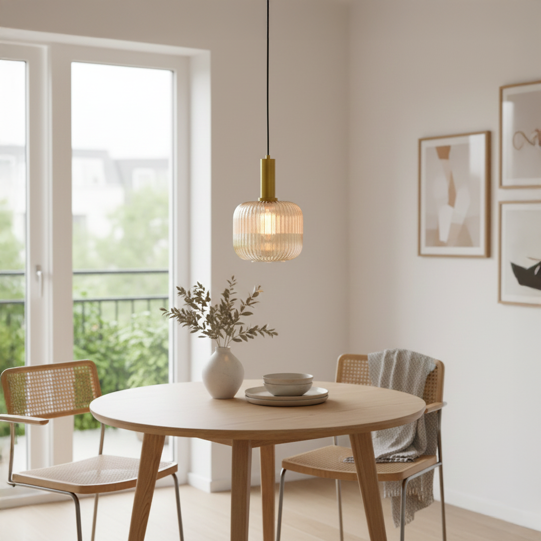 Natural rattan and brass metal pendant light creating warm ambience above the dining table indoors.