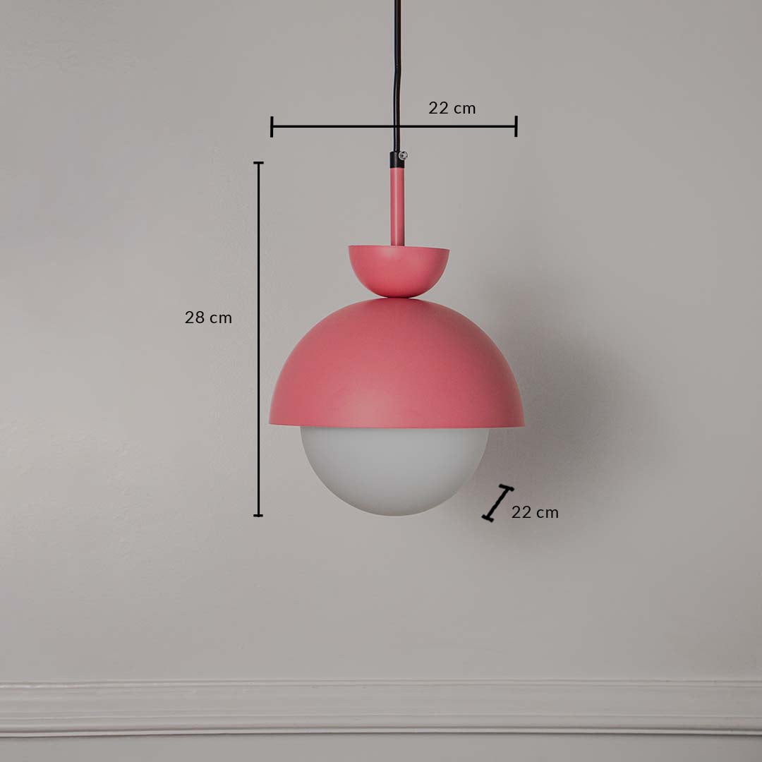 Pendant light with matte pink metal body and frosted glass globe shade 22 cm width and 28 cm height for stylish interiors.