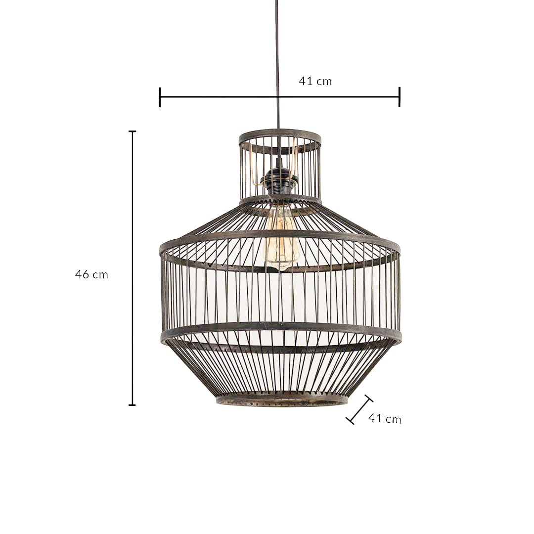 Industrial metal wire pendant light dimension image showing 46 cm height and 41 cm width for reference.
