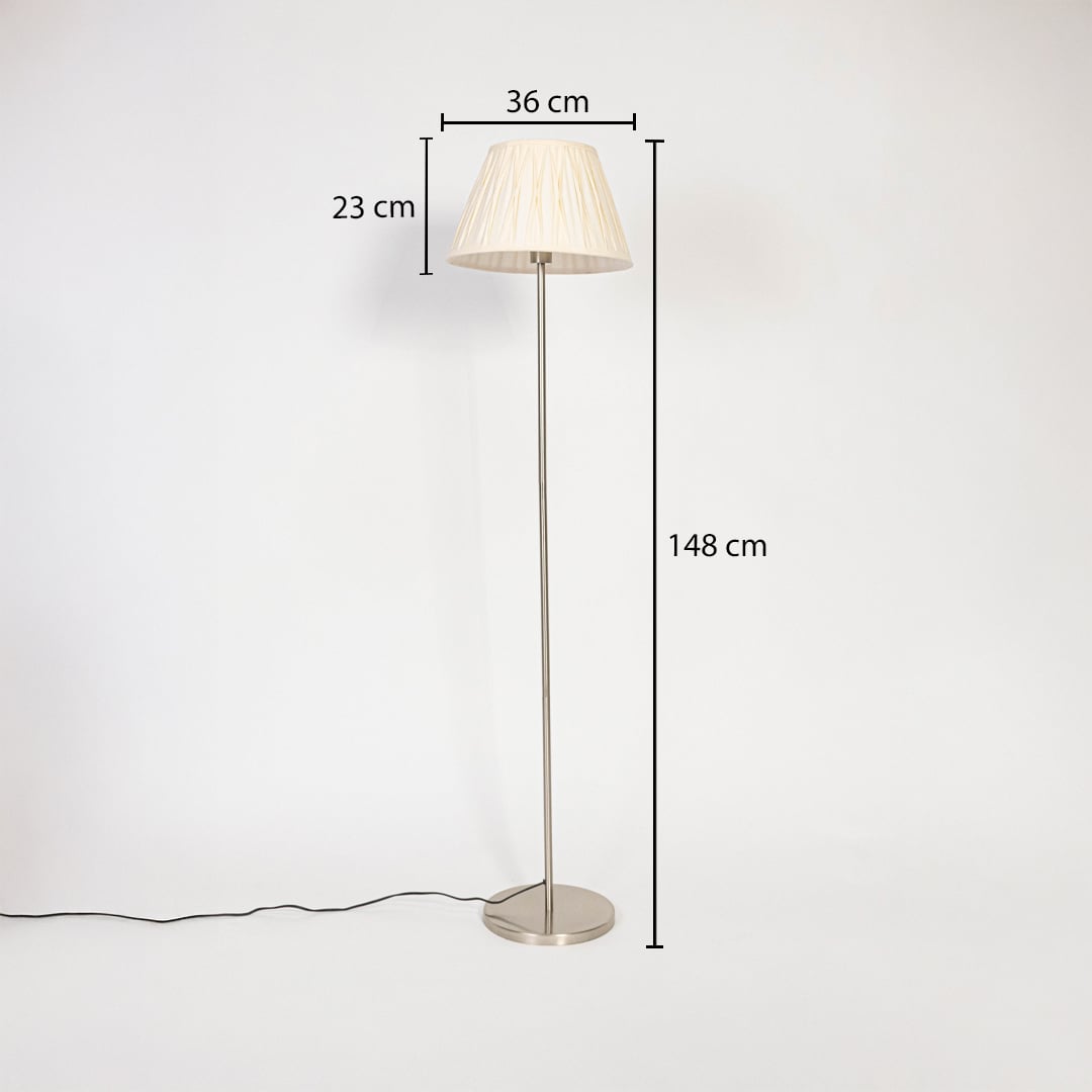 Steel floor lamp with pleated cream shade measuring 148 cm height 36 cm width and 23 cm shade depth.