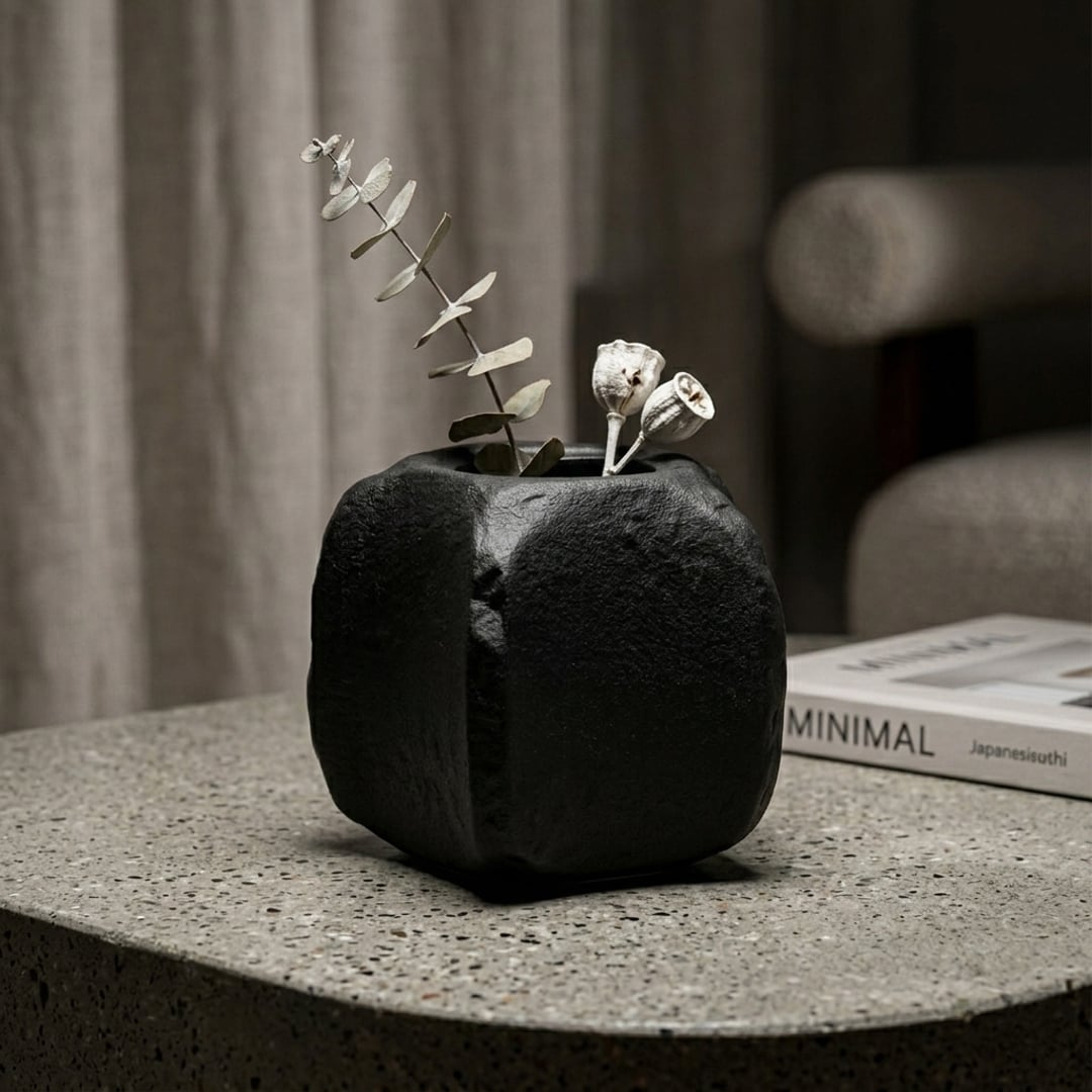 Black ceramic planter with textured finish styled with dried blooms for elegant modern home decor placement.