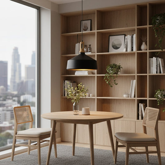 Black metal pendant light hanging above round wooden dining table with woven chairs near large window and built in shelves creating calm modern dining nook.