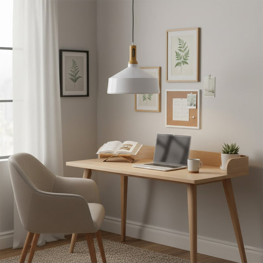 A modern white pendant light with a wooden top hanging above a minimal workspace with a laptop an open book and framed wall art creating a calm study setting.