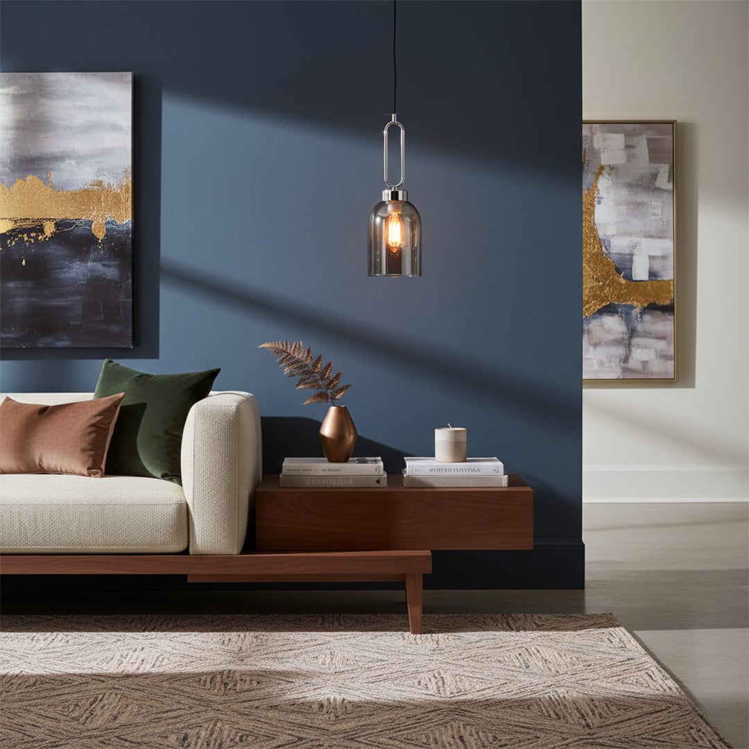 Gold metal pendant light hanging above wooden console table enhancing contemporary living room decor with soft illumination.