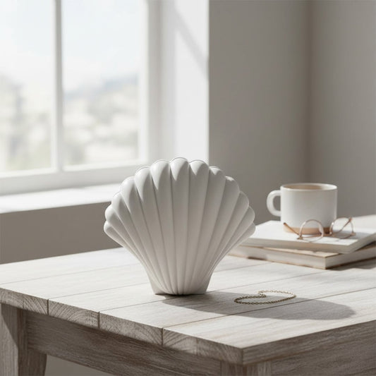 White shell shaped decorative sculpture styled in a soft minimal scene adding coastal modern elegance to home decor.