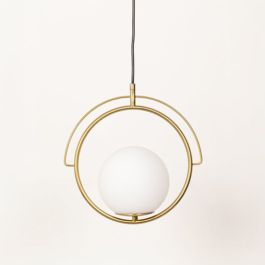 A gold ring pendant with a smooth white sphere displayed against a white background with the sphere unlit showing the light is switched off.