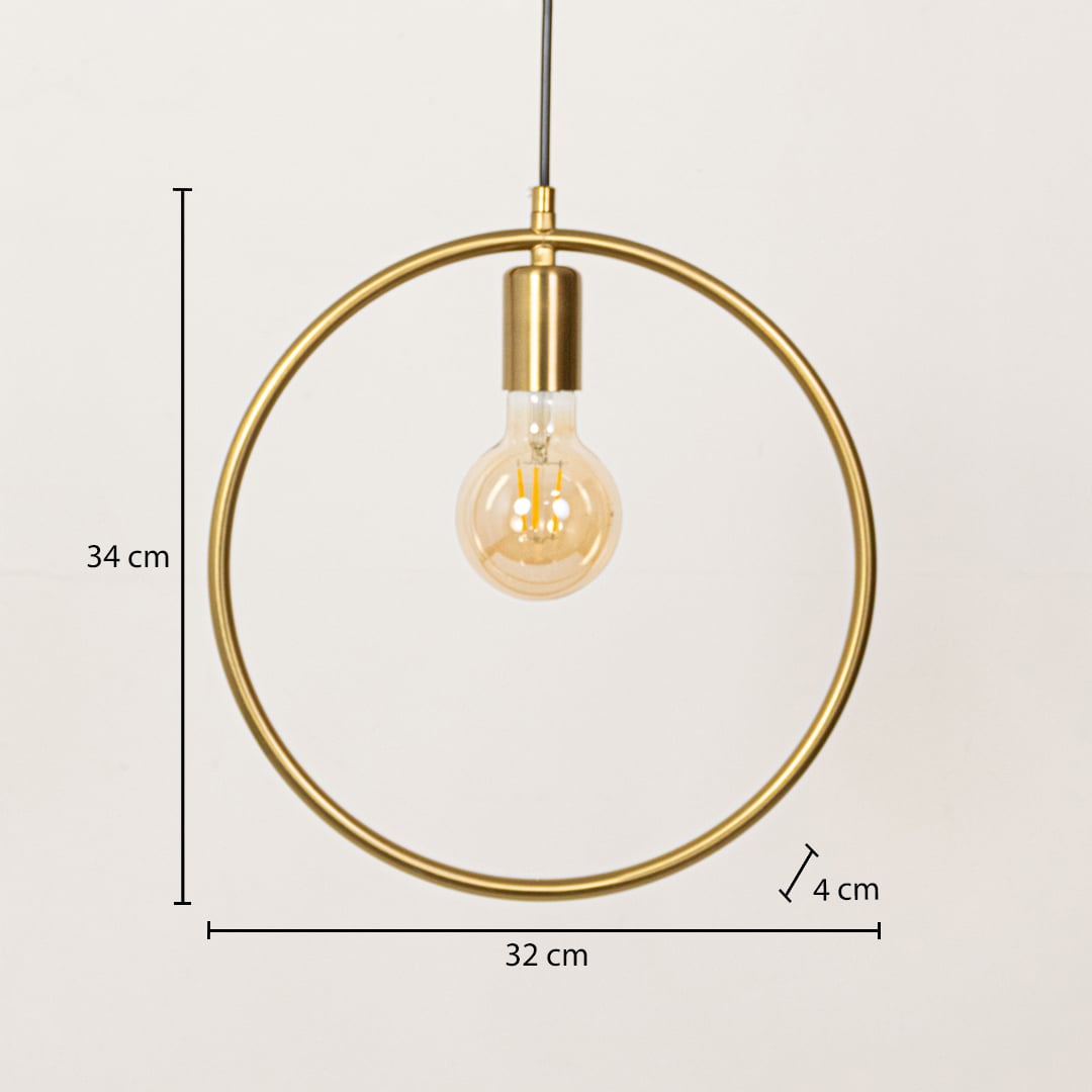 Gold metal ring pendant light dimension image with 32 cm width and 34 cm height for luxury bedside placement.