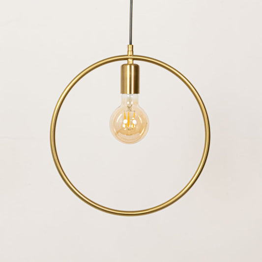 A circular pendant light with the bulb switched off is displayed on a clean white background showing its round metal frame and clear minimal design.