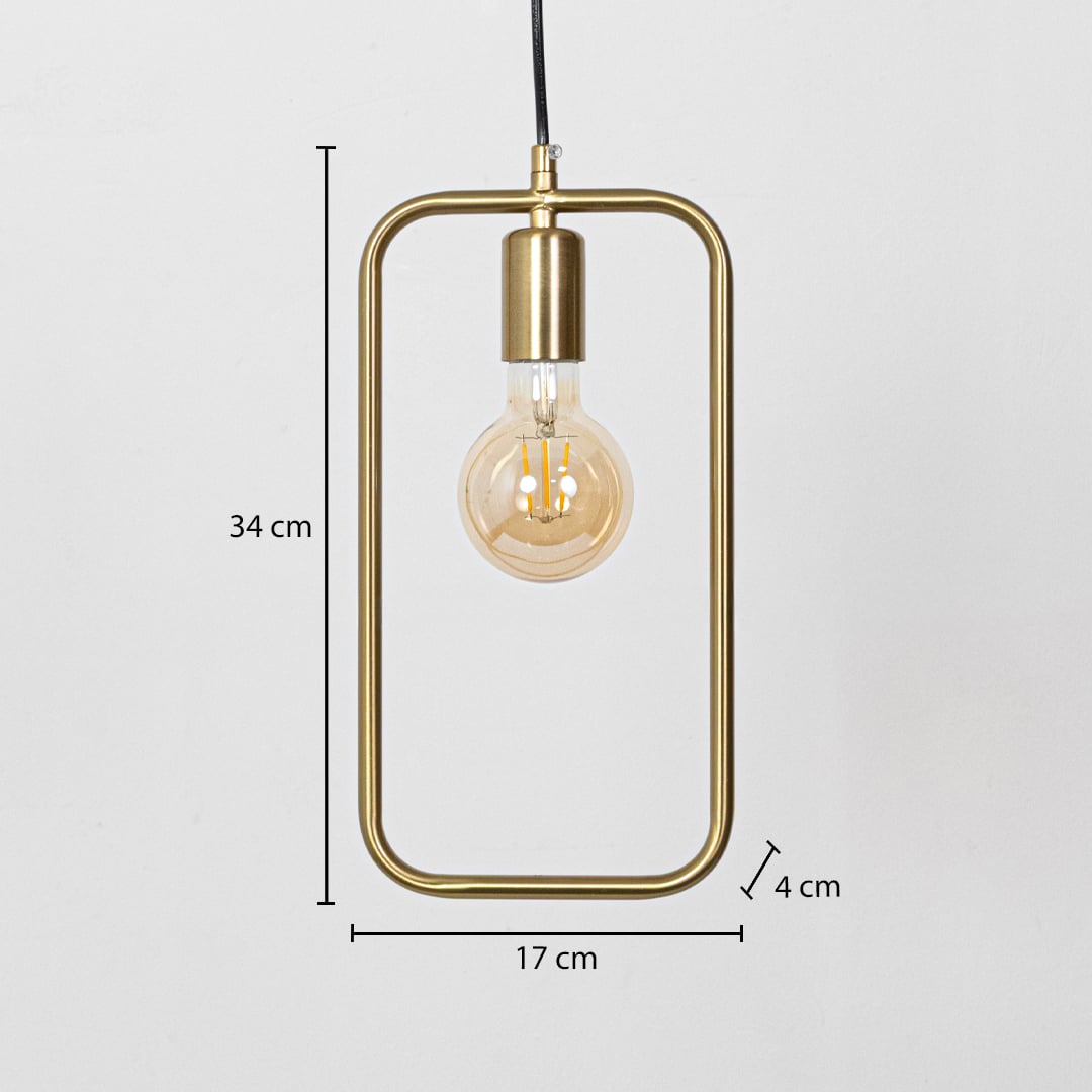 Gold metal frame pendant light dimension image with 17 cm width and 34 cm height for modern bedside placement.