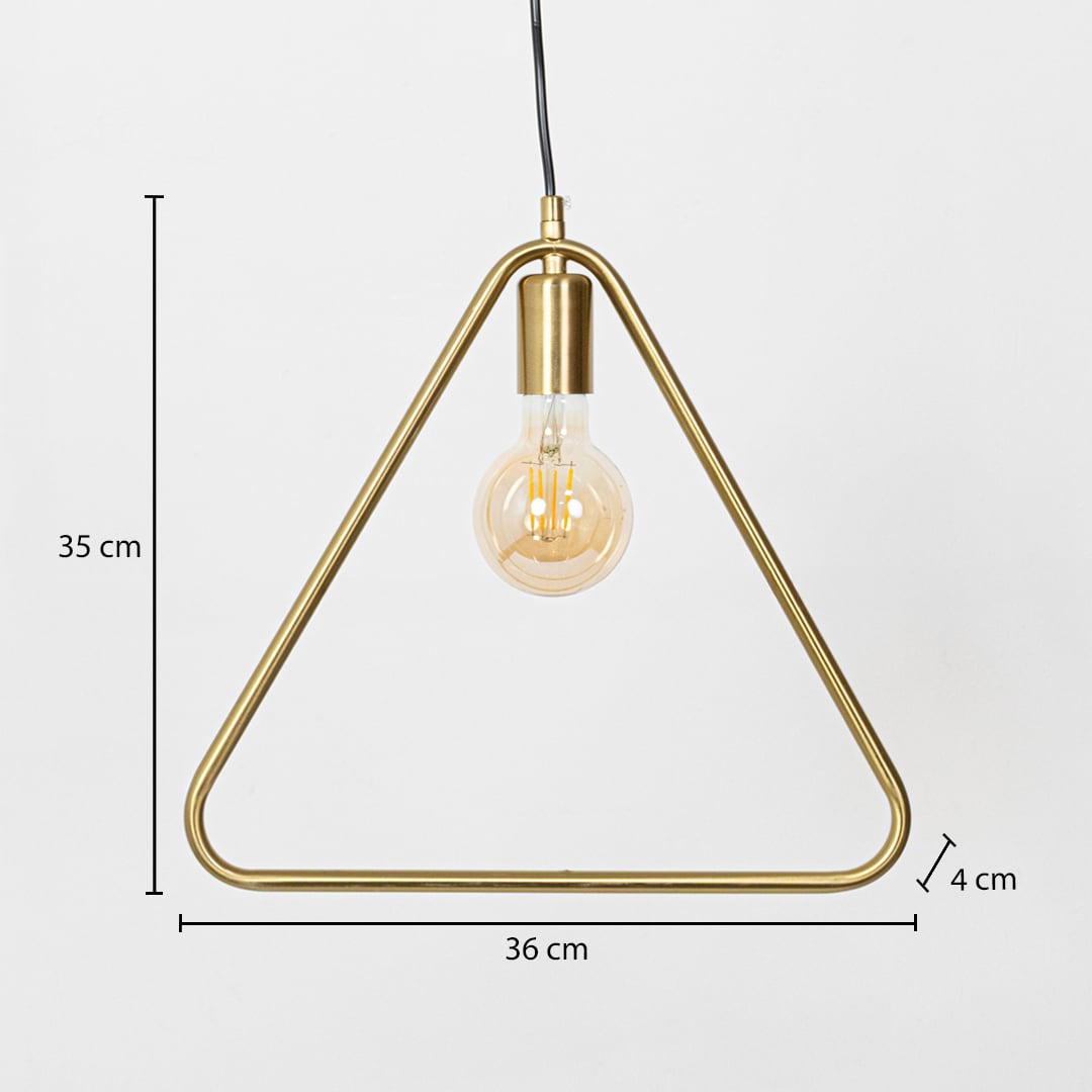 Gold triangular frame pendant light dimension image with 36 cm width and 35 cm height for contemporary dining placement.