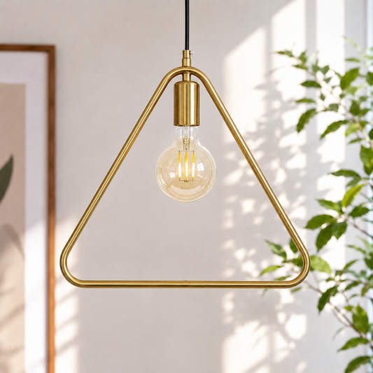 A modern balcony setup featuring a golden triangular pendant light hanging above a small round table with woven chairs and city skyline views in the background.