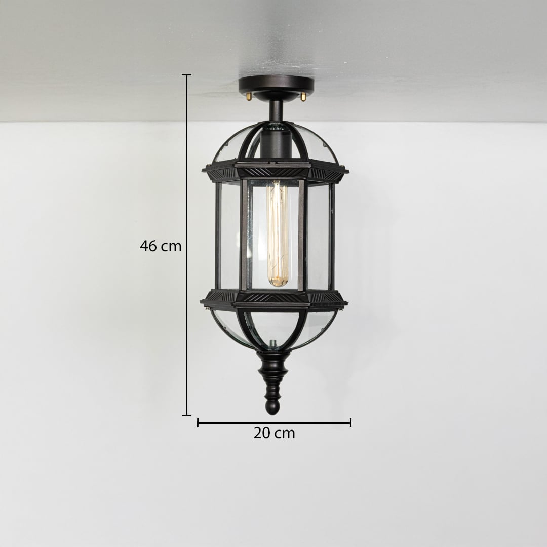Black metal outdoor hanging lantern light measuring 46 cm height and 20 cm width suitable for porch balcony and entry ceilings.