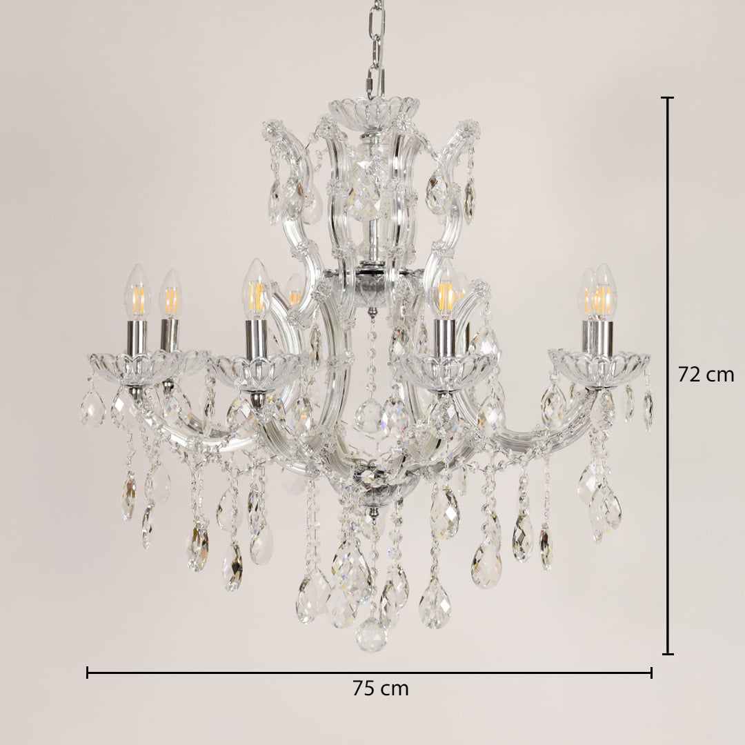 Crystal chandelier with chrome accents measuring 75 cm wide and 72 cm tall ideal for living and dining lighting.