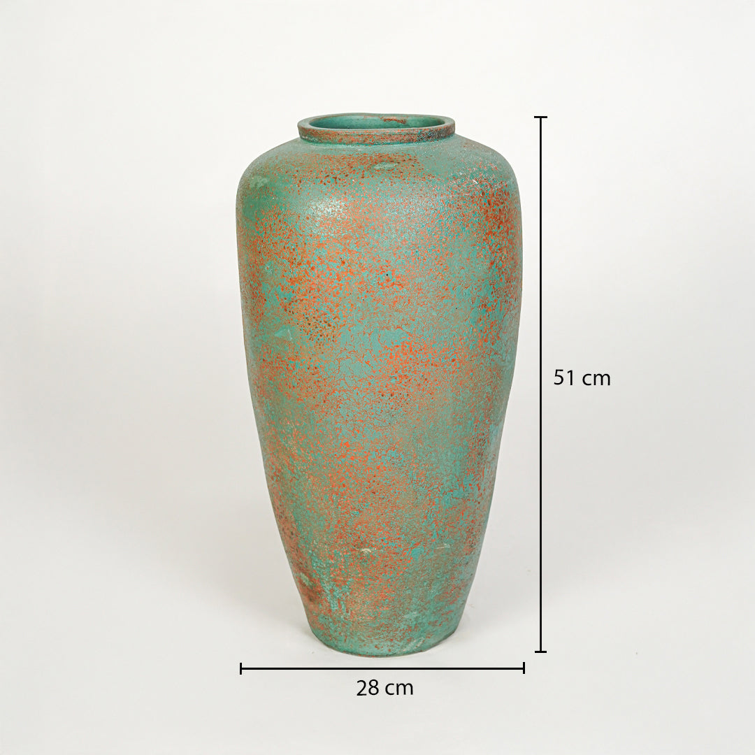 Rustic turquoise and bronze floor vase with dimensions for clear size reference in luxury home decor interior design.